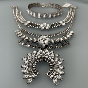 BaubleBar Ariadne Silver-Tone Crystal 2 Piece Choker Bib Statement Necklace Set